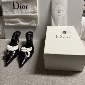 Christian Dior Black Pointed Toe Heels (Mules) with Silver Accents.